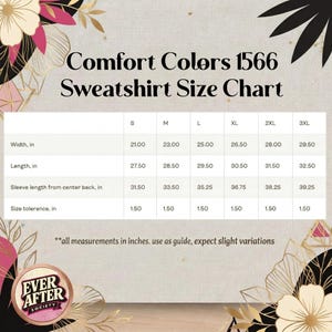 The image is a size chart for a sweatshirt, providing measurements for different sizes such as S, M, L, XL, 2XL, and 3XL. The chart includes width, length, sleeve length, and size tolerance in inches. The chart is designed to guide customers in selecting the appropriate size based on their measurements.