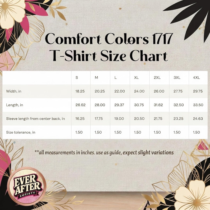 The image is a T-shirt size chart that provides measurements and corresponding sizes for different shirt sizes, including S, M, L, XL, 2XL, 3XL, and 4XL. The chart includes width and length measurements, as well as sleeve length, and size tolerance. The chart is designed to help customers determine the appropriate size for their desired shirt.