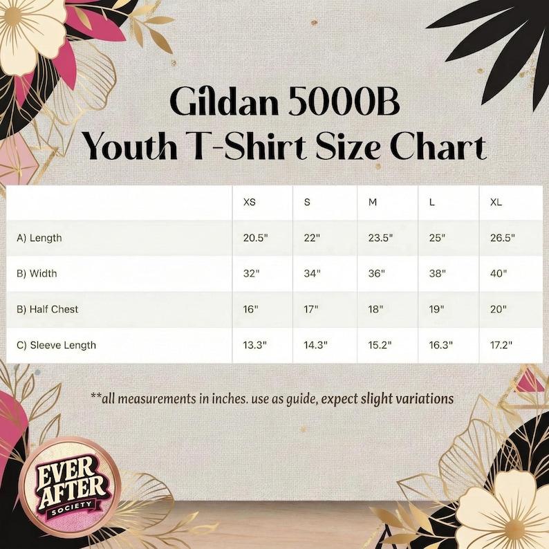 The image is a youth T-shirt size chart with measurements for different age groups, including A's and L's, X's and S's, M's and L's, and B's and half-chests. The chart provides the corresponding sleeve length and half-chest measurements for each age group. The chart also includes a note that all measurements in inches should be used as a guide, and slight variations should be expected.