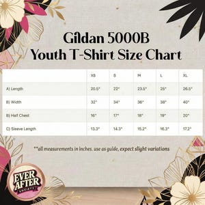 The image is a youth T-shirt size chart with measurements for different age groups, including A's and L's, X's and S's, M's and L's, and B's and half-chests. The chart provides the corresponding sleeve length and half-chest measurements for each age group. The chart also includes a note that all measurements in inches should be used as a guide, and slight variations should be expected.