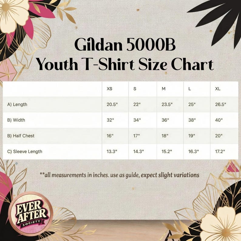 The image is a youth T-shirt size chart with measurements for different age groups, including A's and L's, X's and S's, M's and L's, and B's and half-chests. The chart provides the corresponding sleeve length and half-chest measurements for each age group. The chart also includes a note that all measurements in inches should be used as a guide, and slight variations should be expected.