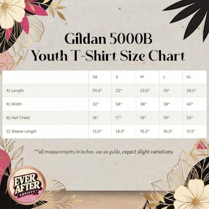 May include: A Gildan 5000B youth t-shirt size chart with columns for XS, S, M, L, and XL. Rows list length, width, half chest, and sleeve length in inches. The text reads: Gildan 5000B Youth T-Shirt Size Chart, all measurements in inches, use as guide.