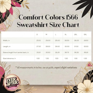 The image is a size chart for a sweatshirt, providing measurements for different sizes such as S, M, L, XL, 2XL, and 3XL. The chart includes width, length, sleeve length, and size tolerance in inches. The chart is designed to guide customers in selecting the appropriate size based on their measurements.
