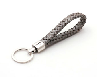 Keychain with leather, silver gray, hand-braided engraving anchor maritime, lanyard genuine leather high quality, gift, anchor keychain