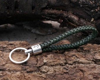Key ring with leather, green, hand-woven, engraving anchor, maritime, lanyard real leather high quality, gift, anchor keychain