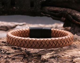 Leren herenarmband, hoogwaardige roestvrijstalen magnetische sluiting, bruin/lichtbruin - lengte 20 cm