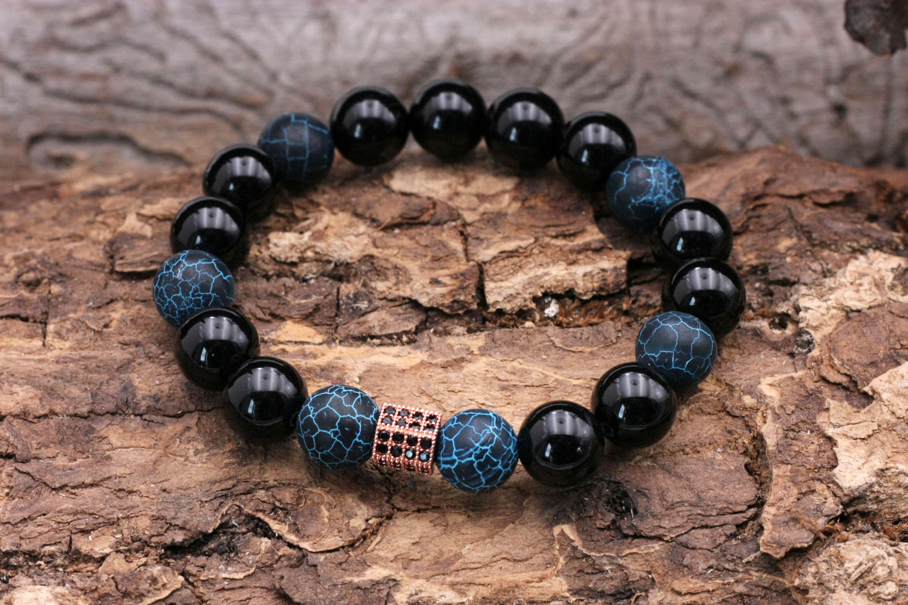 Men s Bracelet Beaded Bracelet Men Shiny Onyx Zirconia Bead in Copper Blue Boho Bracelet Partner Bracelet Natural Stone Beads Stretchy Etsy