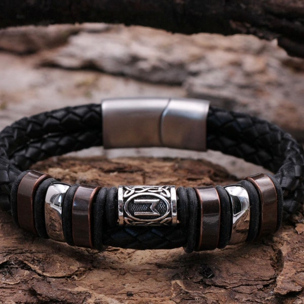 Leather bracelet men's bracelet black braided, rune beads, leather round, wide with high-quality stainless steel magnetic clasp