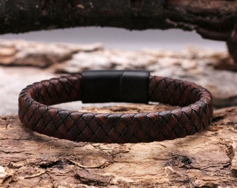 Armband leren armband heren bruin, heren armband modern, hoogwaardig roestvrij staal magneetsluiting, gevlochten