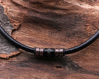 Herenketting, leren ketting, zwart, 6 mm met roestvrijstalen kralen, Keltische sieraden, zwart koper, Scandinavische sieraden