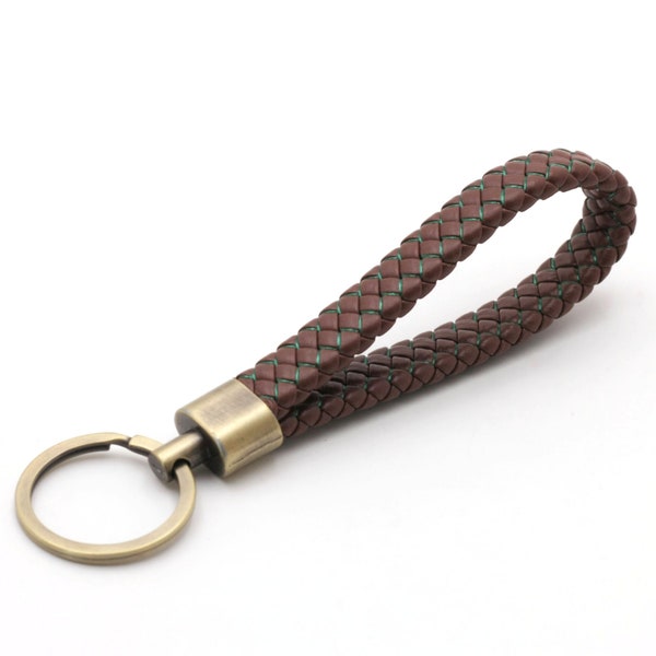 Key ring made of leather, brown green, hand-woven, lanyard made of real leather, high-quality, gift, keychain