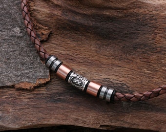 Herenketting, leren ketting, bruin, 6 mm, gevlochten met roestvrijstalen kralen, Keltische sieraden, koperkleurige Scandinavische sieraden