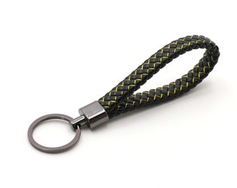Key ring made of leather, black yellow, hand-woven, lanyard made of real leather, high-quality, gift, keychain