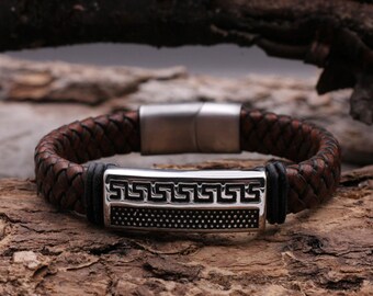 Leather bracelet men Brown bracelet with stainless steel clasp