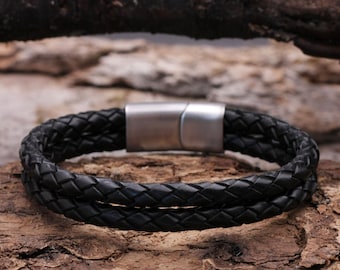 Lederarmband Herren Herrenarmband Schwarz geflochten, Leder rund, Breit mit hochwertigem Edelstahl-Magnetverschluss