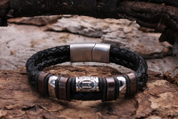 Bracciale Uomo In Pelle Nera - Intrecciato, Con Chiusura Magnetica, Regalo Elegante - Foto 5