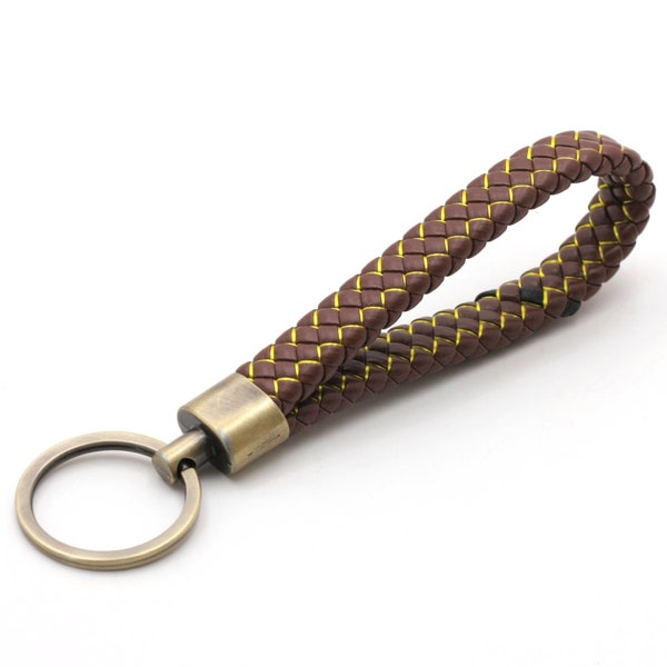 Schlüsselanhänger aus Leder, Braun Gelb, Handgeflochten, Schlüsselband Echtleder hochwertig, Geschenk, keychain