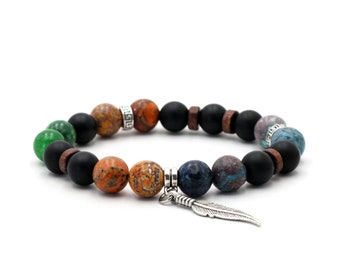 Bracelet de perles, bracelet pour hommes, perles en pierre naturelle, avec pendentif, perles en bois, bracelet extensible moderne et élégant, emballé dans une boîte cadeau