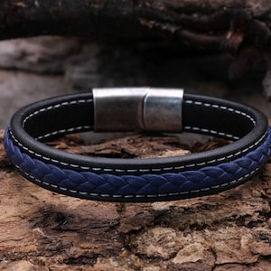Bracelet leather bracelet men&#39;s bracelet men&#39;s black blue leather, braided, modern, high-quality stainless steel magnetic clasp in silver