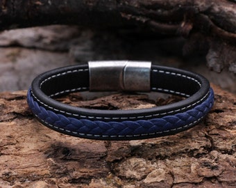 Läderarmband, herrarmband, svart och blått läder, flätat, modernt, högkvalitativt magnetlås i rostfritt stål i silver