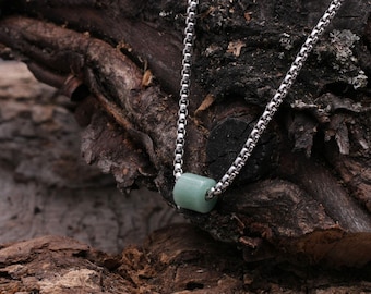 Men's Necklace in Stainless Steel in Silver, Natural Green Aventurine Stone