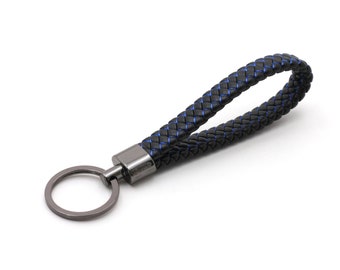 Schlüsselanhänger aus Leder, Schwarz Blau, Handgeflochten, Schlüsselband Echtleder hochwertig, Geschenk, keychain