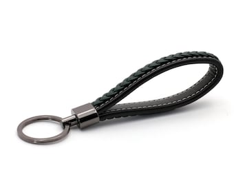 Key ring with leather, black green, lanyard braided leather, high quality, gift, keychain