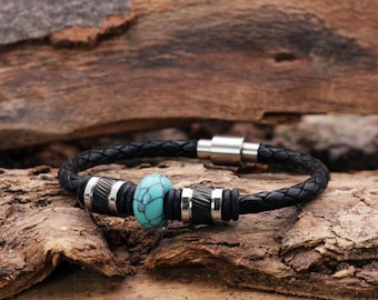Lederarmband Männerarmband Herren mit Edelstahl-Beads, mit blauen Türkis-Edelstein und Magnetverschluss in Silber