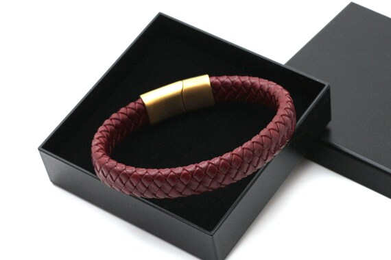 leather hand braids Bracelet leather bracelet men/'s red bordeaux wine red gold trendy modern,high-quality stainless steel magnetic clasp