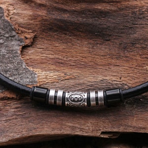 Necklace men's jewelry leather necklace black 6 mm with stainless steel beads, Celtic jewelry, silver-colored Nordic jewelry