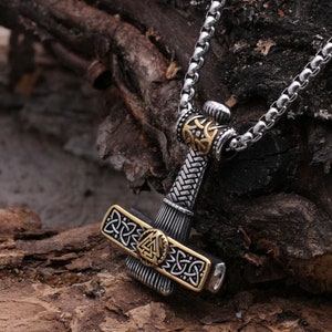 Viking necklace men&#39;s Thor&#39;s hammer pendant stainless steel chain silver, Nordic jewelry, stainless steel