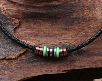 Ketting heren sieraden leren ketting zwart 5 mm gevlochten met diverse RVS kralen, lengte 45 cm