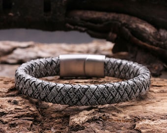 Heren leren armband, hoogwaardige roestvrijstalen magneetsluiting, zwart en wit, lengte 20 cm