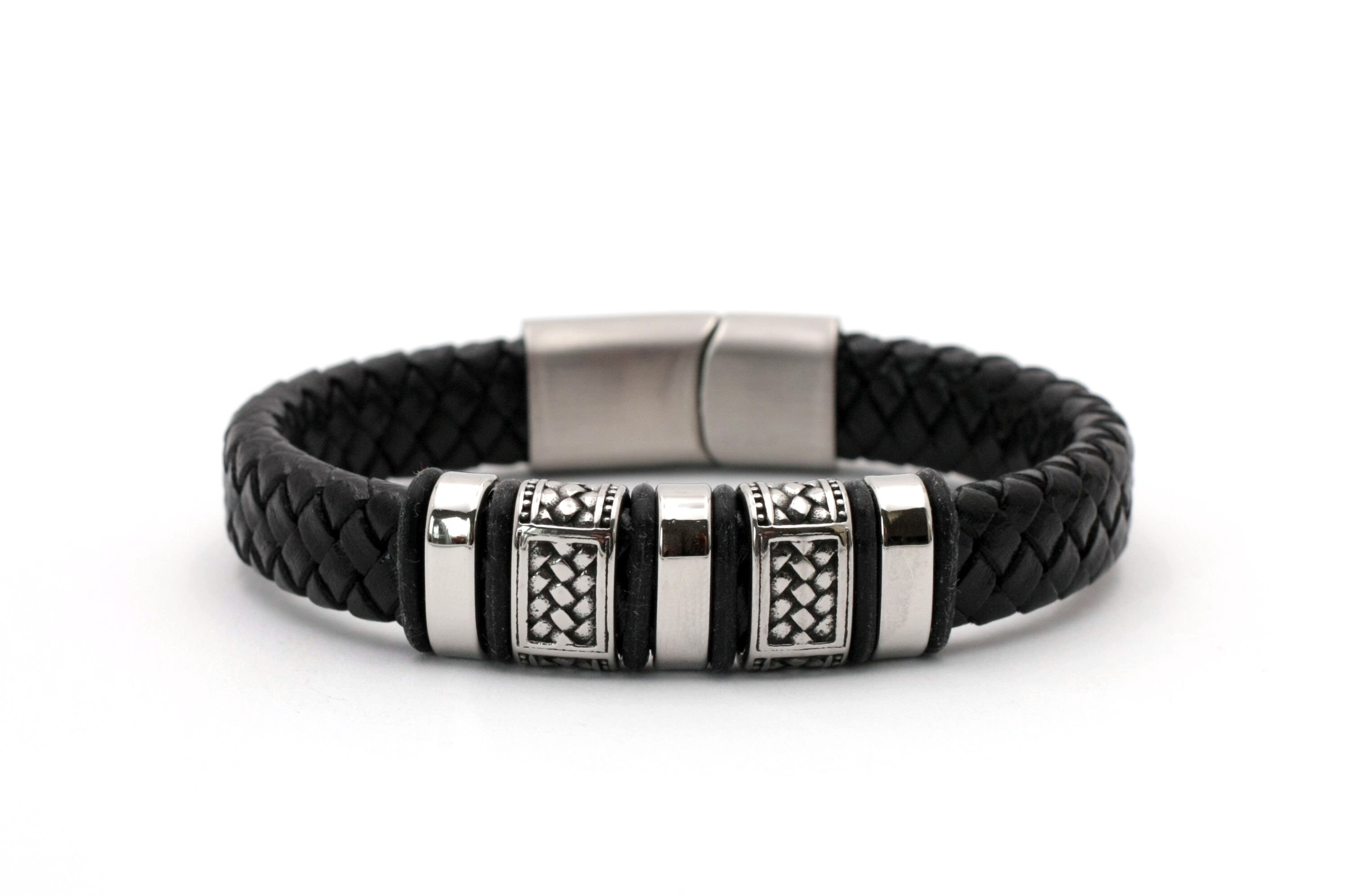 Casisto.J Lederarmband Herren – Geflochten Mit Perlen, Magnetverschluss, Schwarz, Größentabelle