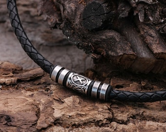 Herenketting, leren ketting, zwart, Vikingrunen, Keltische sieraden, zilver, Noorse sieraden