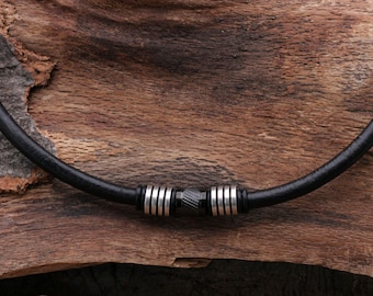 Ketting herensieraden leren ketting zwart 6 mm met roestvrijstalen kralen, Keltische sieraden, zwart zilver Nordic sieraden
