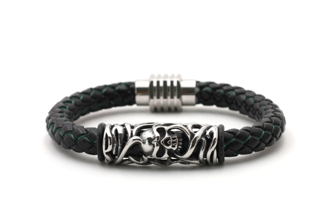 Casisto.J Lederarmband Herren Armband Herren Männer Leder Edelstahl Gravur Schwarz Braun Geflochten Mit Magnet Verschluss