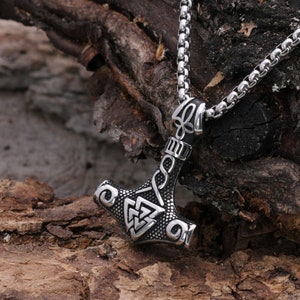 Viking Necklace Mens Thor&#39;s Hammer Pendant Silver, Norse Jewelry, Stainless Steel