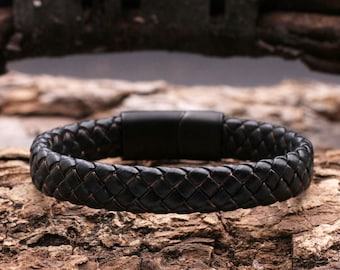 Heren leren armband, hoogwaardige roestvrijstalen magneetsluiting, zwart - lengte 20 cm