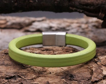 Bracelet leather bracelet men's bracelet men's green neon real leather full leather, modern, high-quality stainless steel magnetic clasp in brushed silver