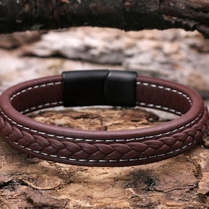 Bracelet leather bracelet men&#39;s bracelet men&#39;s brown leather, braided, modern, high-quality stainless steel magnetic clasp in black