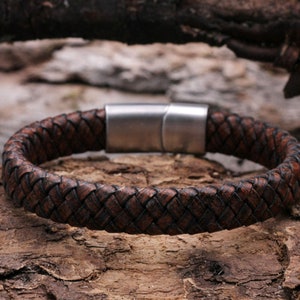 Armband leren armband heren bruin donkerbruin zilver, trendy modern, hoogwaardige roestvrijstalen magneetsluiting, handgeweven van leer