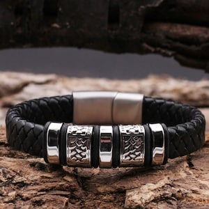 Leather bracelet men&#39;s bracelet men&#39;s bracelet narrow black braided with stainless steel beads, leather 12 mm wide, with stainless steel magnetic clasp