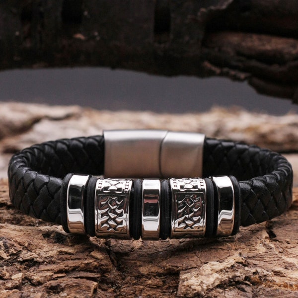 Bracelet en cuir Bracelet homme Bracelet homme étroit Noir tressé avec perles en acier inoxydable, cuir de 12 mm de large, avec fermoir magnétique en acier inoxydable