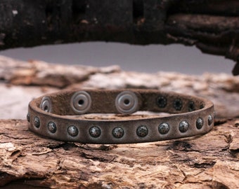 Leren armband voor heren met klinknagels, vintage grijs, breedte 1 cm, lengte 20 cm