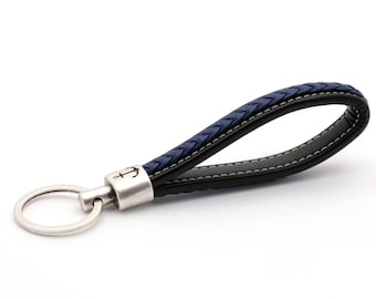 Key ring with leather, black blue, engraving anchor, maritime, lanyard leather braided high quality, gift, anchor keychain