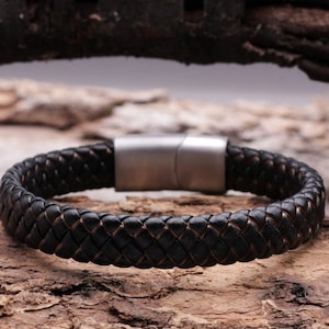 Armband leren armband heren zwart koper bruin, absoluut trendy, hoogwaardige roestvrijstalen magneetsluiting, handgeweven van echt leer