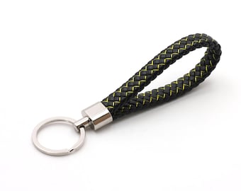 Key ring made of leather, black yellow, hand-woven, lanyard made of real leather, high-quality, gift, keychain
