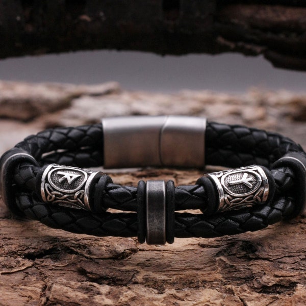 Leather bracelet men's bracelet black braided, rune beads, leather round, wide with high-quality stainless steel magnetic clasp