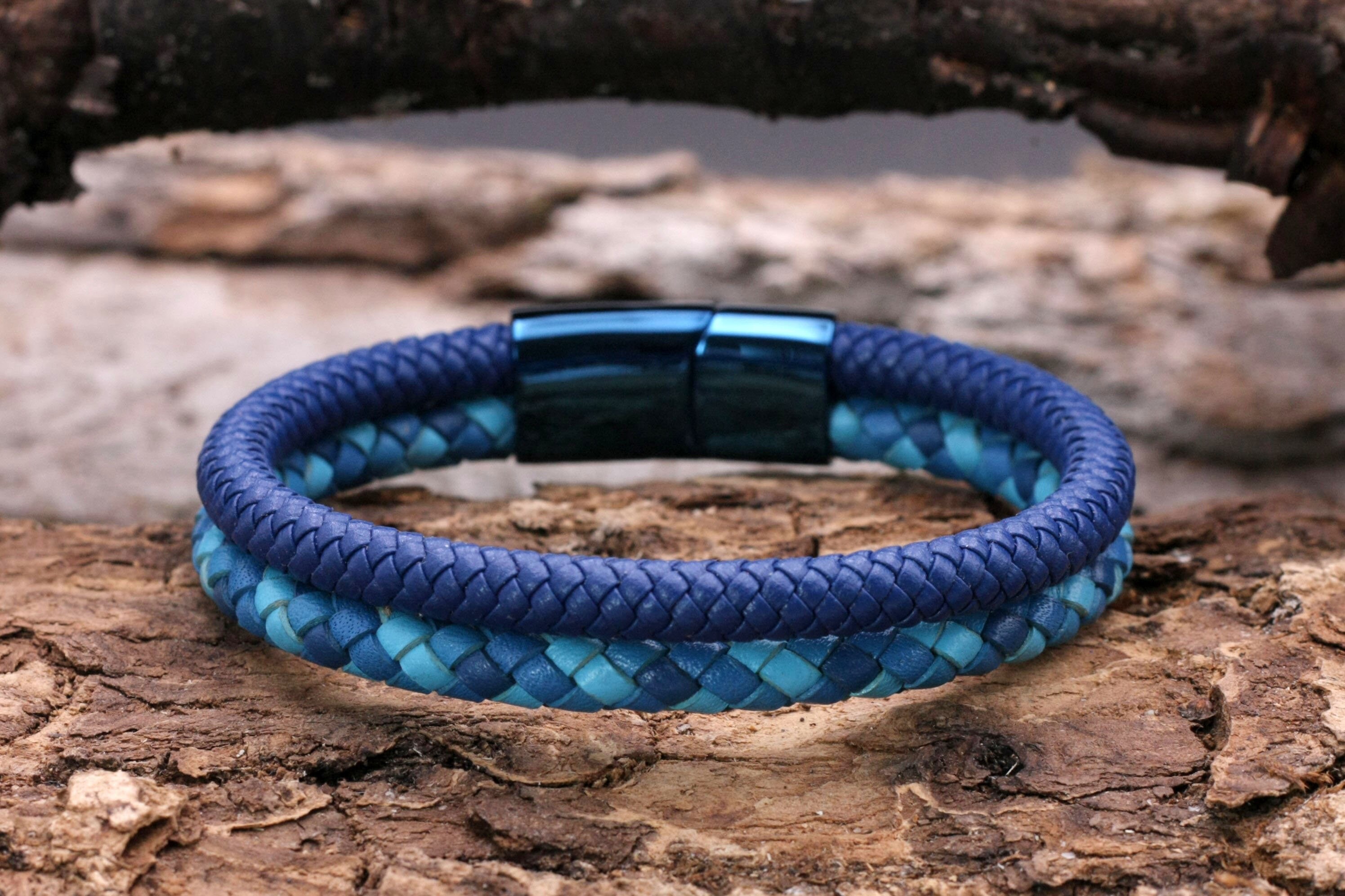 Men s Leather Bracelet Men s Bracelet Blue Braided Round Leather